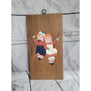 Vintage Raggedy Ann and Andy Wooden Wall Plaque Picture Anne Wood 70s Hanging